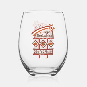 Happy Thanksgiving Grateful & Blessed Retro Sign Stemless Wine Glass