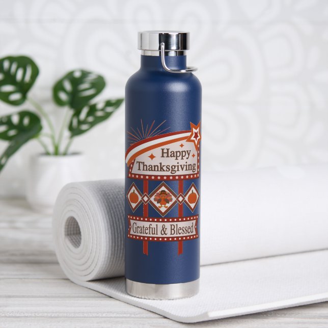 Happy Thanksgiving Grateful & Blessed Retro Sign Water Bottle (Yoga (Rotated))