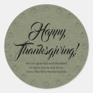 Happy Thanksgiving green burlap pumpkins custom Classic Round Sticker