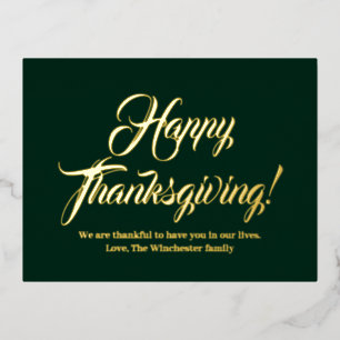 Happy Thanksgiving green custom script elegant Foil Holiday Postcard