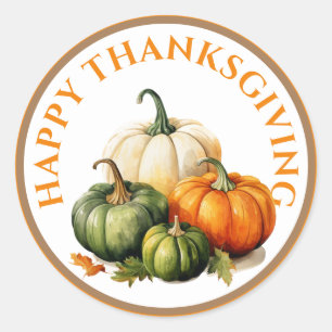 HAPPY THANKSGIVING, GREEN ORANGE & WHITE PUMPKINS CLASSIC ROUND STICKER
