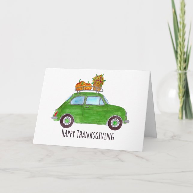 Happy Thanksgiving green Retro Fiat 500 Card (Front)