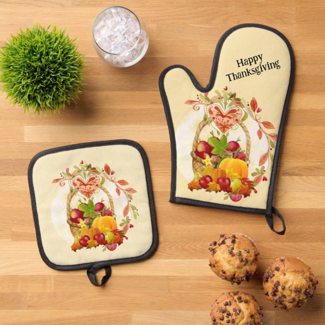 Happy Thanksgiving Harvest Basket  Oven Mitt & Pot Holder Set (Top Down)