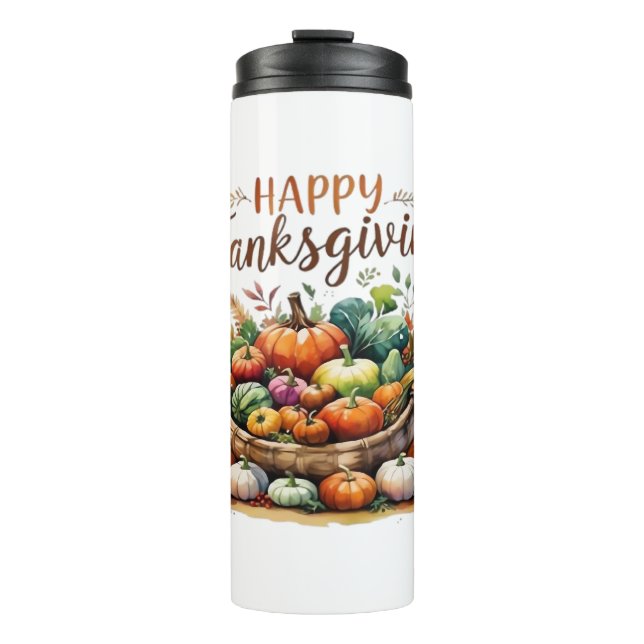 Happy Thanksgiving – Harvest Basket with Pumpkins  Thermal Tumbler (Front)