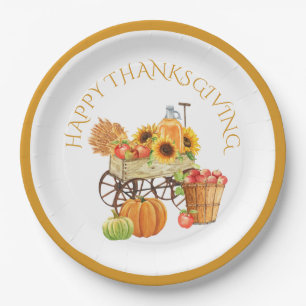 Happy Thanksgiving Harvest Flowers and Produce Paper Plate