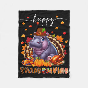 Happy Thanksgiving Hippo Costume Turkey Fall Leave Fleece Blanket