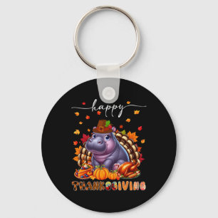 Happy Thanksgiving Hippo Costume Turkey Fall Leave Key Ring