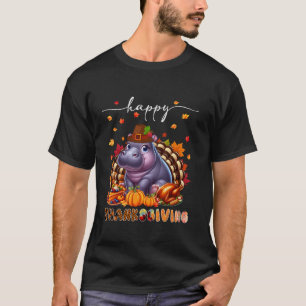 Happy Thanksgiving Hippo Costume Turkey Fall Leave T-Shirt