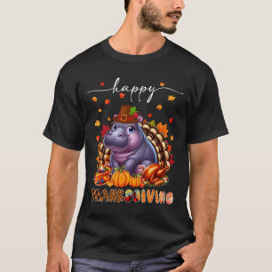 Happy Thanksgiving Hippo Costume Turkey Fall Leave T-Shirt