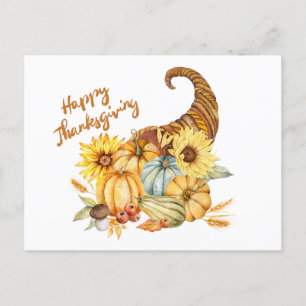 Happy Thanksgiving Horn of Plenty with Pumpkins Postcard
