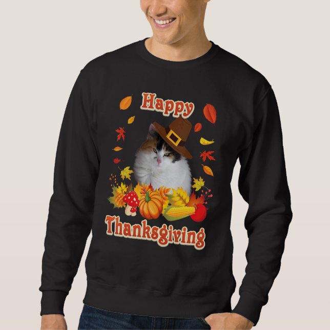 Happy Thanksgiving Japanese Bobtail Cat I'm Thankf Sweatshirt (Front)