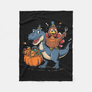 Happy Thanksgiving Kids Funny Turkey Riding T Rex  Fleece Blanket
