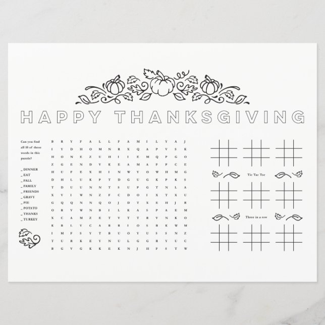 Happy Thanksgiving kids table activity page (Front)