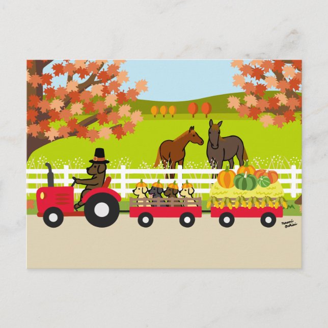 Happy Thanksgiving Labradors and Tractor Postcard (Front)