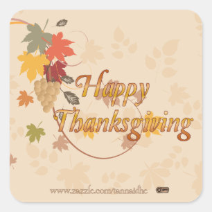 Happy Thanksgiving - Leaves, Grapes and Ribbons Square Sticker