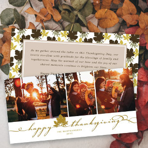 Happy Thanksgiving Leaves Simple Flourish 3 Photo Holiday Card