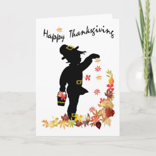 Happy Thanksgiving, Little Boy Scattering Leaves - Holiday Card