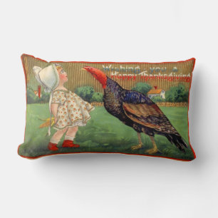 Happy Thanksgiving Little Girl and Turkey Vintage Lumbar Cushion