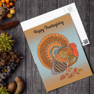 Happy Thanksgiving Male Turkey Fanned Tail Orange Postcard