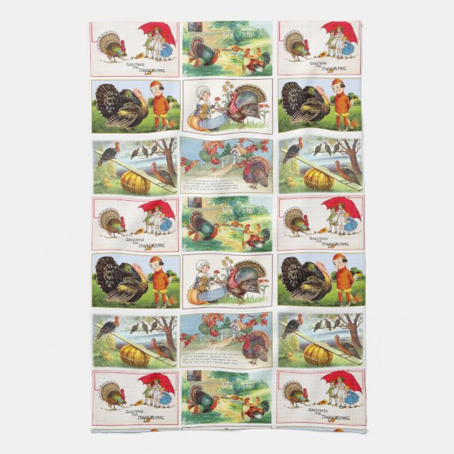Happy Thanksgiving Medley Vintage Postcard Tea Towel (Vertical)