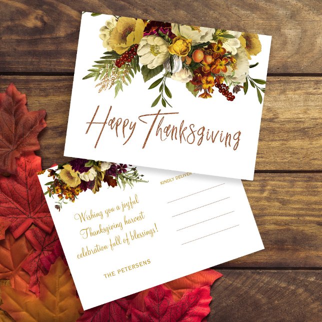 Happy Thanksgiving modern fall floral Thanksgiving Holiday Postcard (Creator Uploaded)