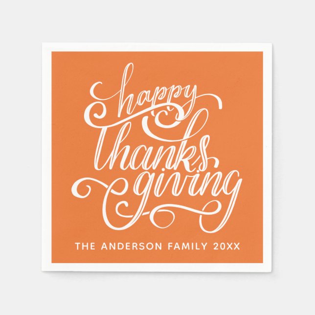 Happy Thanksgiving Modern Script Harvest Orange Napkin (Front)