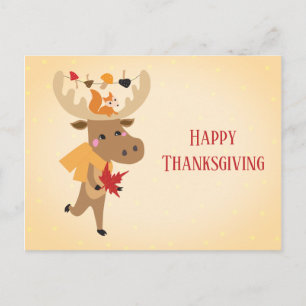 Happy Thanksgiving Moose Squirrel Colourful Postcard