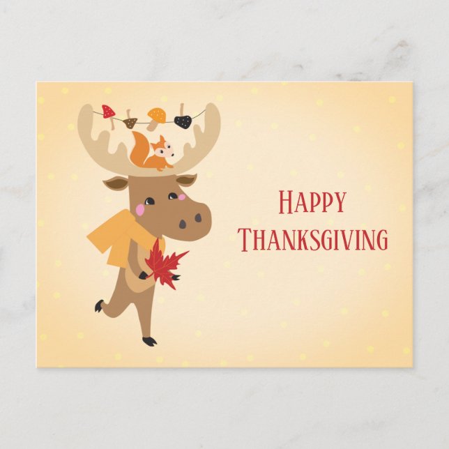 Happy Thanksgiving Moose Squirrel Colourful Postcard (Front)
