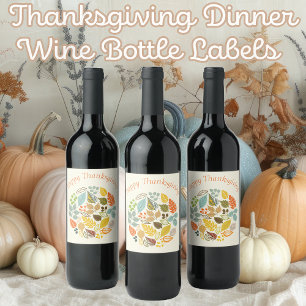 Happy Thanksgiving Muted Fall Colour Leaves Wine Label