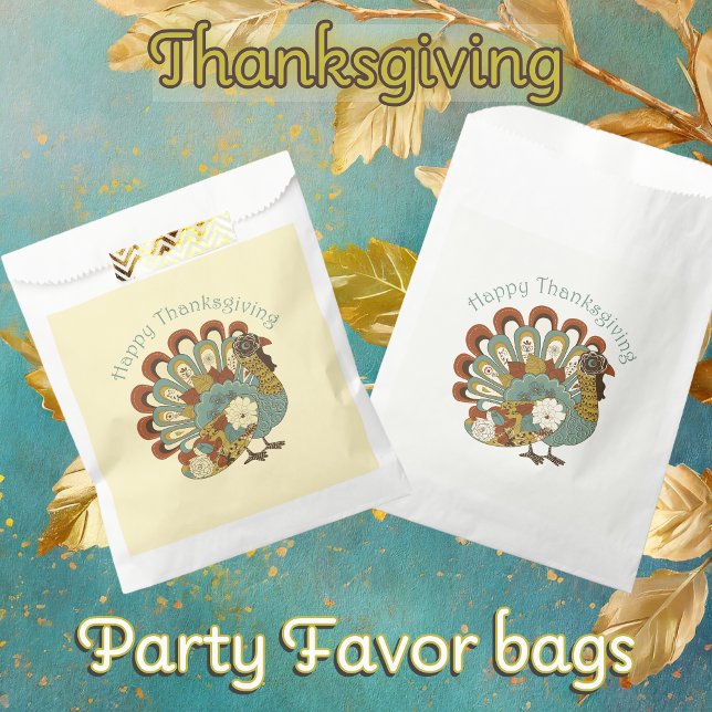 Happy Thanksgiving Muted Fall Coloured Turkey  Favour Bag (Thanksgiving Party Favor Bags with Muted Fall Colored Turkey and words say 'Happy Thanksgiving')
