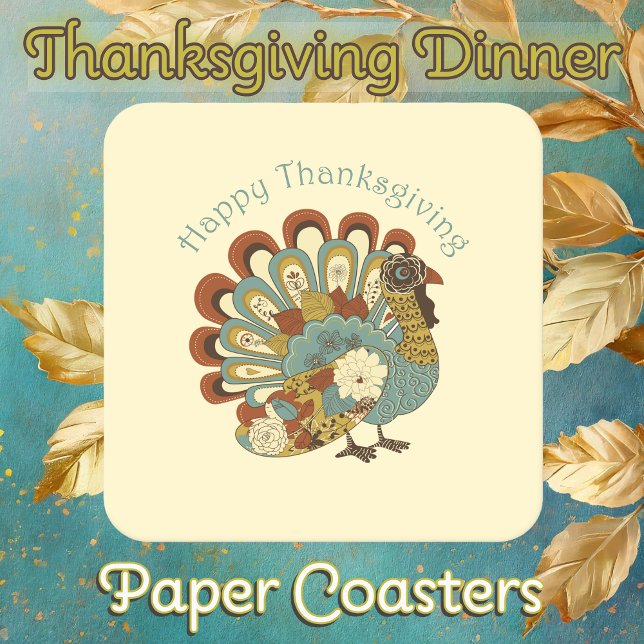 Happy Thanksgiving Muted Fall Coloured Turkey Square Paper Coaster (Thanksgiving Dinner Paper Coasters with Muted Fall Colored Turkey)