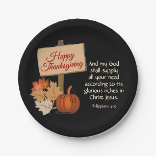 HAPPY THANKSGIVING My God Shall Supply BLACK Paper Plate