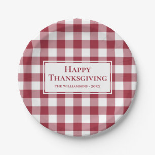Happy Thanksgiving Name Burgundy Gingham Plaid Paper Plate