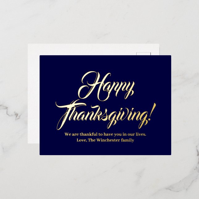 Happy Thanksgiving navy blue custom script elegant Foil Holiday Postcard (Front/Back)