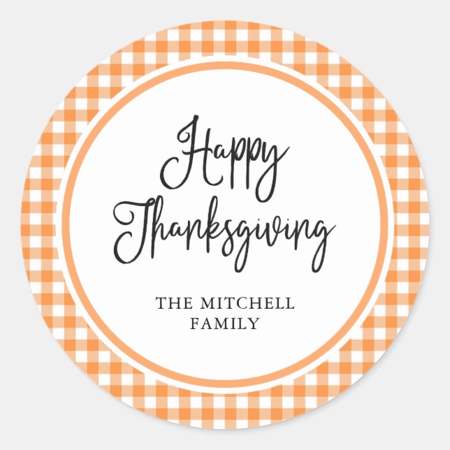 Happy Thanksgiving | Orange Gingham Classic Round Sticker (Front)