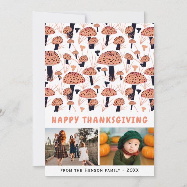 Happy Thanksgiving Orange Mushroom Fall 2 Photos Holiday Card (Front)