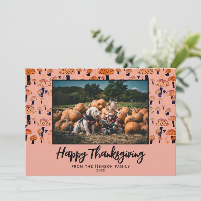 Happy Thanksgiving Orange Mushroom Fall Photo  Holiday Card (Standing Front)