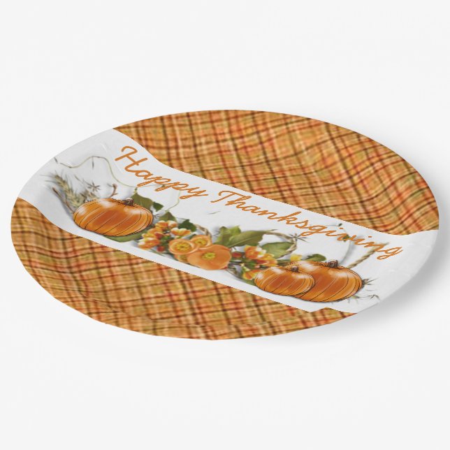 Happy Thanksgiving Orange Plaid Paper Plates (Angled)