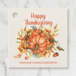 Happy Thanksgiving Orange Pumpkin Fall Leaves Name Favour Tags