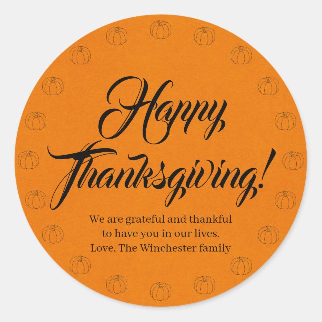 Happy Thanksgiving orange pumpkin kraft custom Classic Round Sticker (Front)