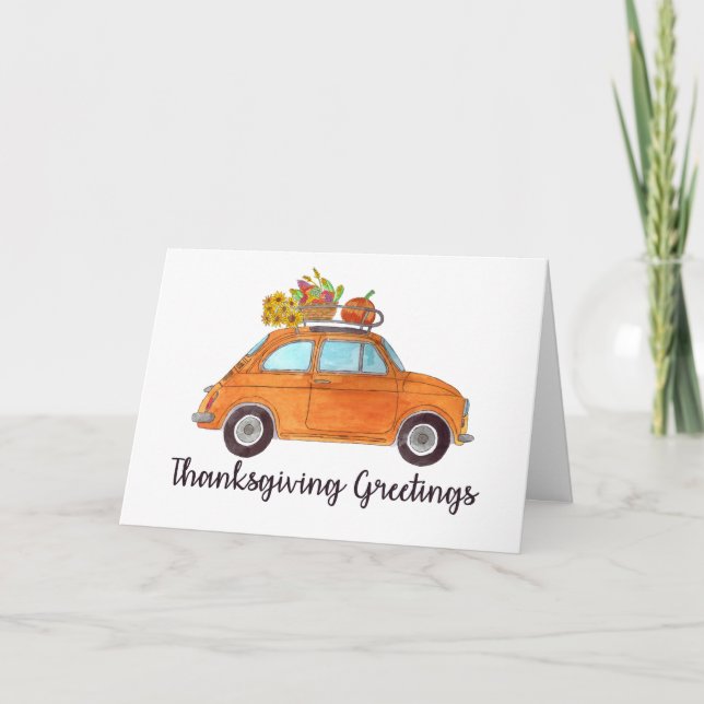 Happy Thanksgiving Orange Retro Fiat 500 Card (Front)