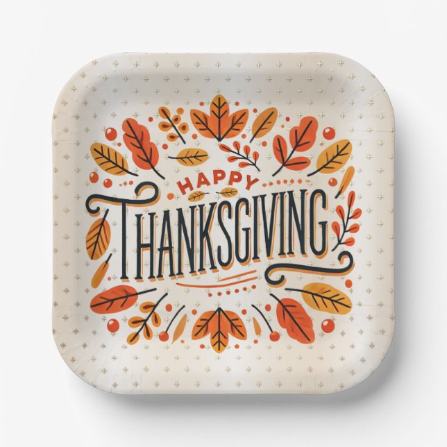 Happy Thanksgiving Orange Yellow Fall Leaves Paper Plate (Front)