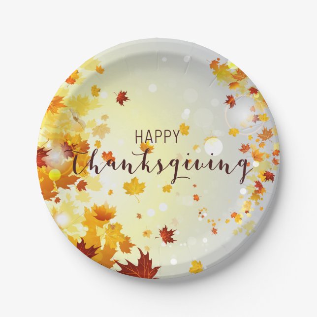 Happy Thanksgiving Paper Plates With Leaves (Front)