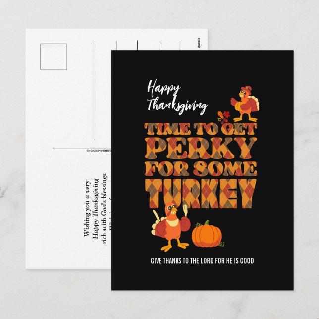 Happy Thanksgiving PERKY FOR TURKEY Christian Holiday Postcard (Front/Back)