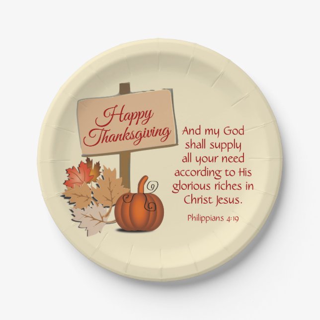 HAPPY THANKSGIVING Philippians 4:19 Scripture Paper Plate (Front)