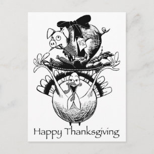 Happy Thanksgiving Pig and Turkey Holiday Postcard