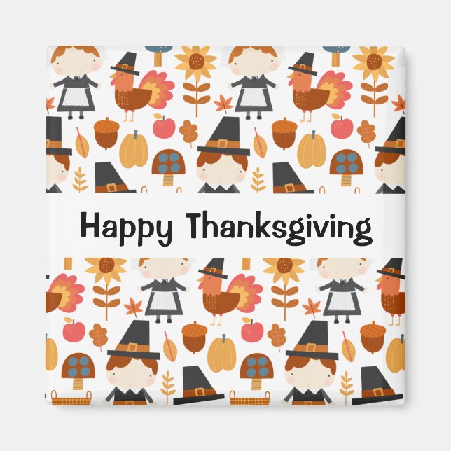 Happy Thanksgiving Pilgrims Harvest Pattern Magnet (Front)
