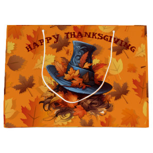 Happy Thanksgiving Pilgrim's Hat. Editable Large Gift Bag