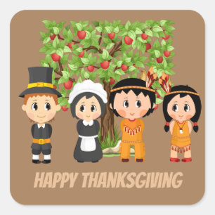 Happy Thanksgiving Pilgrims Indians Square Sticker
