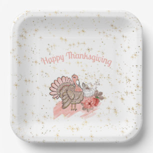 Happy Thanksgiving Pink Turkey and Pumpkins  Paper Plate